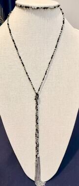 Vintage Black & Silver Beaded Tassel Necklace 24” Long Statement